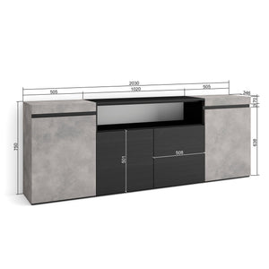 Credenza, Mobile soggiorno 200x75x35cm, 4 Porte, grande stoccaggio, Stile moderno colore Cemento