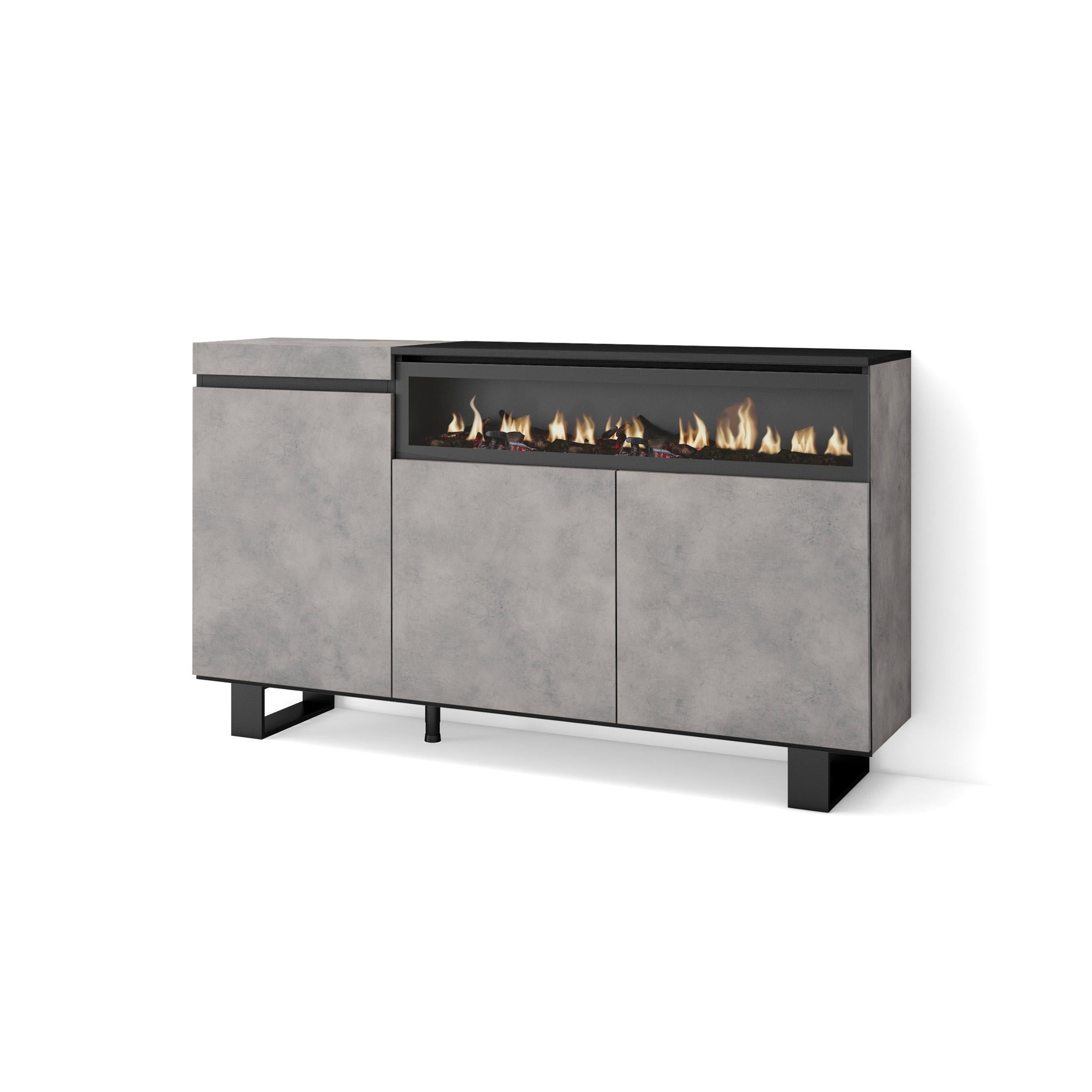 Credenza, Mobile, 150x35x87cm, 3 Porte, Camino elettrico, Design industriale, grigio cemento RF2499