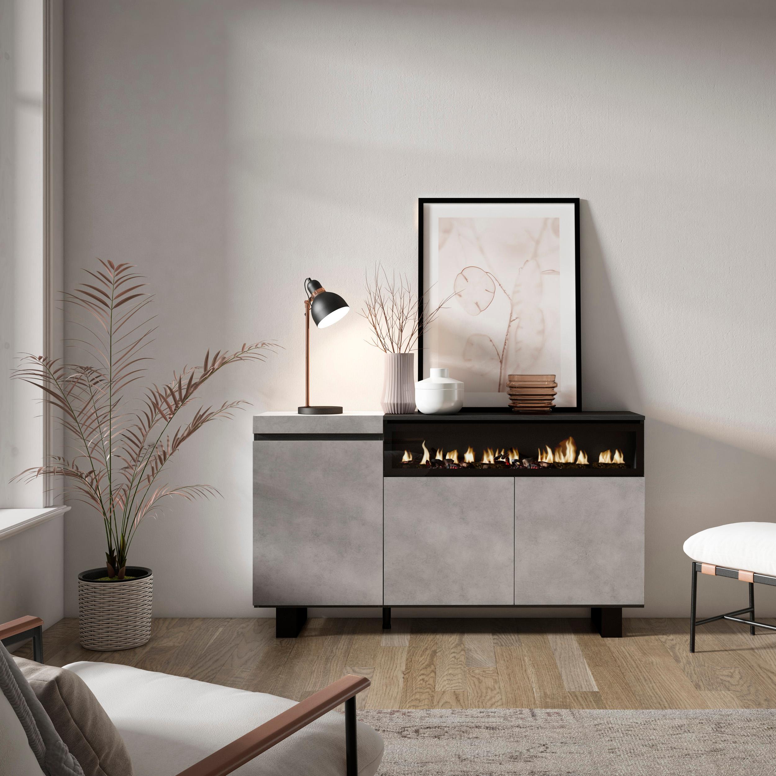 Credenza, Mobile soggiorno 150x87x35cm, 3 Porte, Camino elettrico, Design industriale, Stile moderno, Cemento