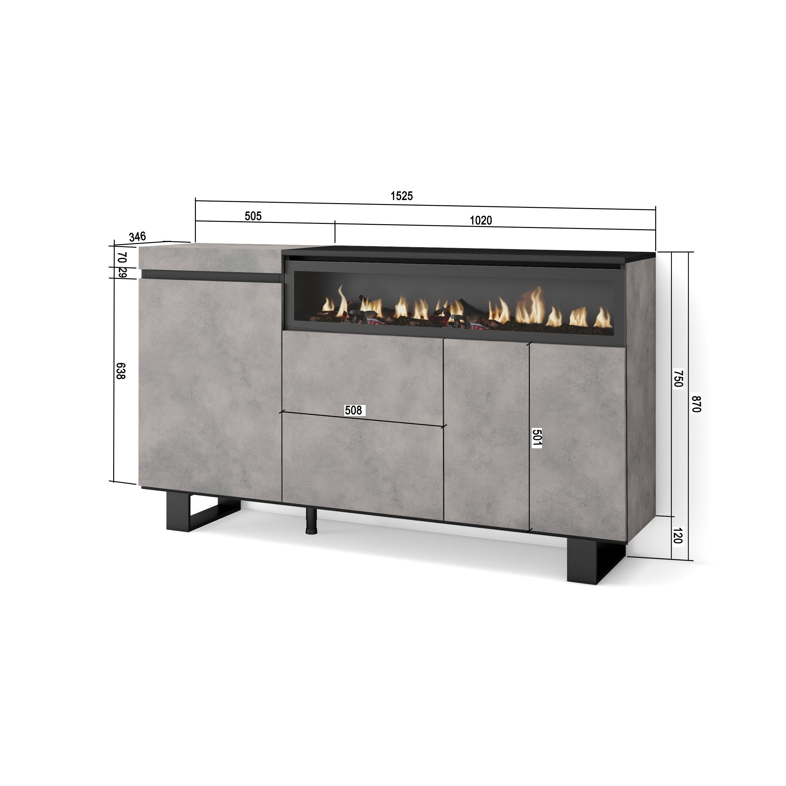 Credenza, Mobile soggiorno 150x87x35cm, 3 Porte, Camino elettrico, Design industriale, Stile moderno, Cemento