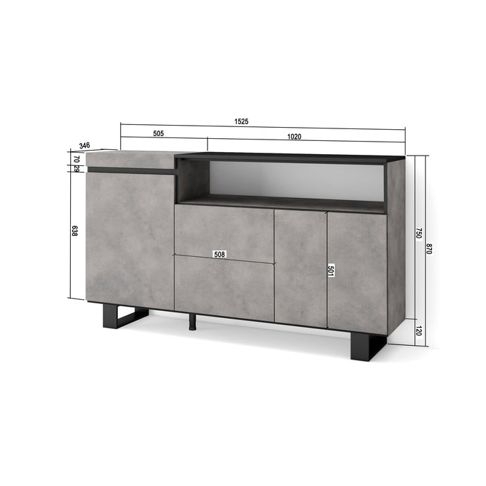 Credenza, Mobile soggiorno 150x87x35cm, 3 Porte, Design industriale, Stile moderno, Cemento