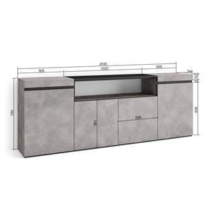 Credenza, Mobile, 200x35x75cm, 4 Porte, grande stoccaggio, grigio cemento RF2284