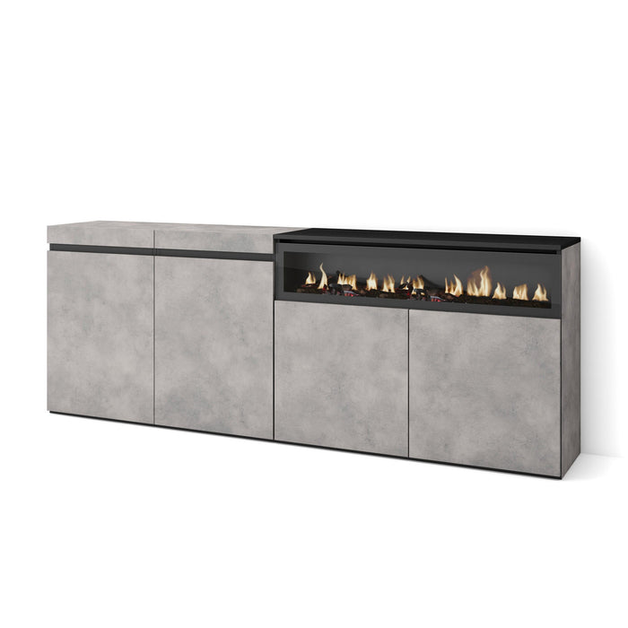 Credenza Mobile Cucina 200x75x35cmcon 4 Porte con Camino elettrico, Stile moderno, Cemento