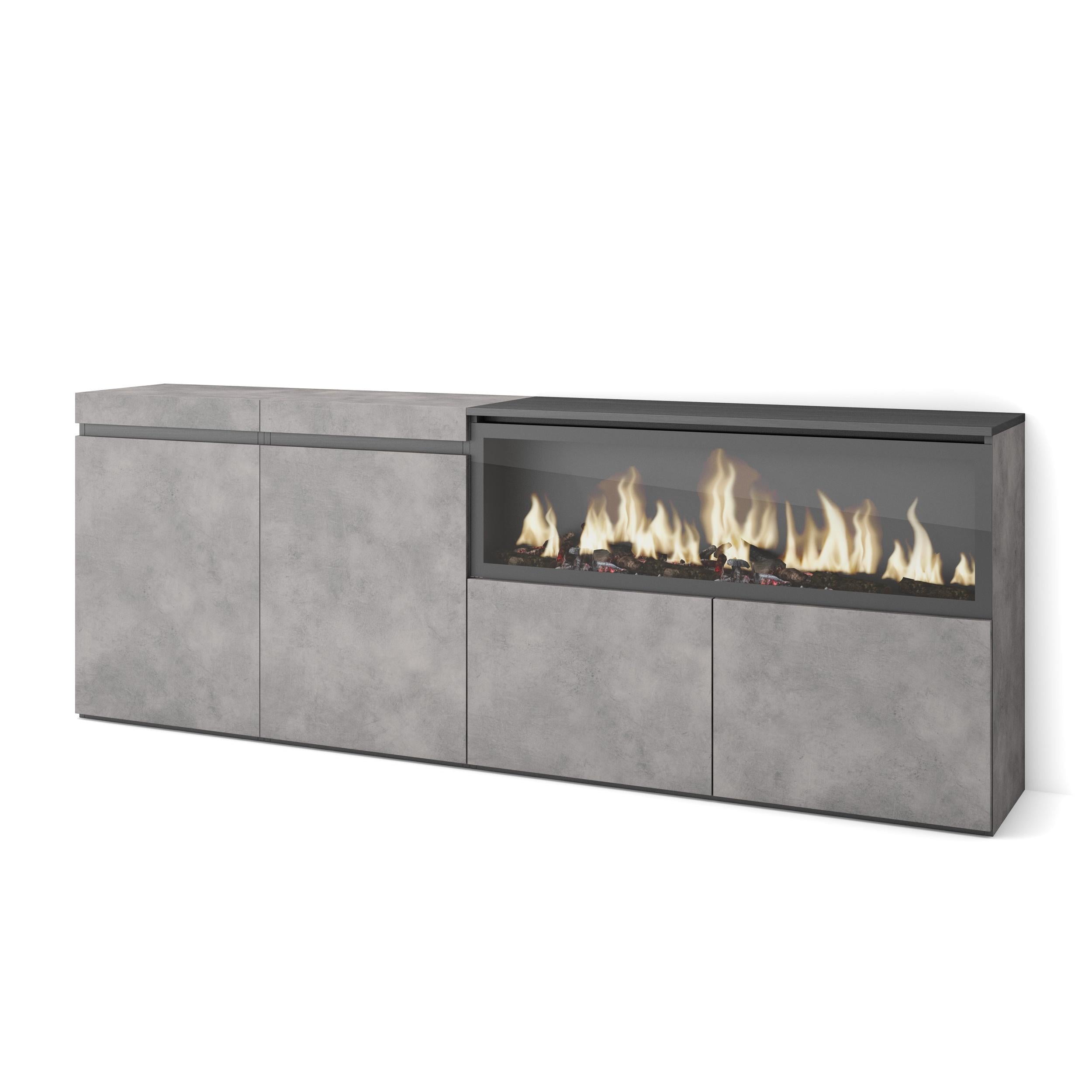 Credenza, Mobile, 208x35x75cm, 4 Porte, Camino elettrico XXL, grigio cemento RF3233