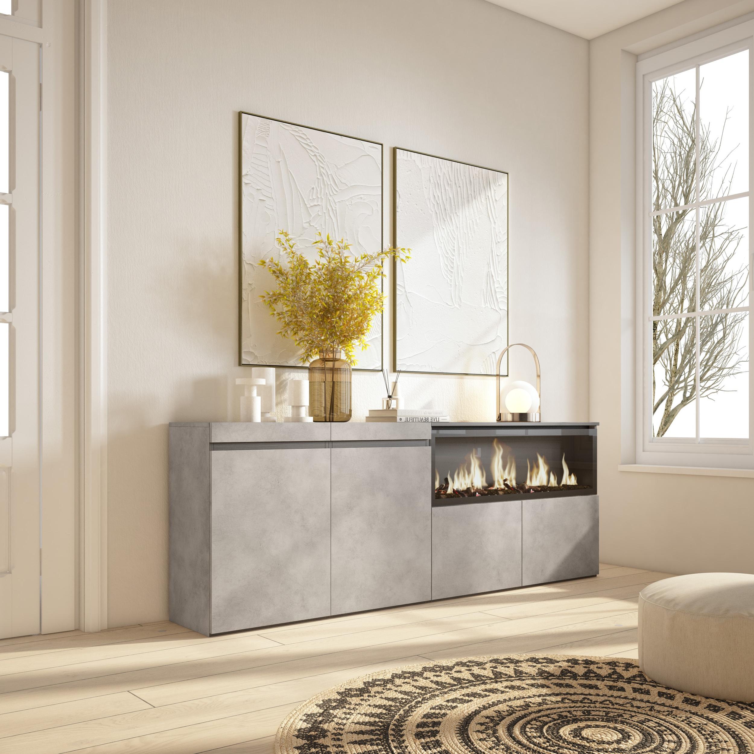 Credenza, Mobile, 208x35x75cm, 4 Porte, Camino elettrico XXL, grigio cemento RF3233