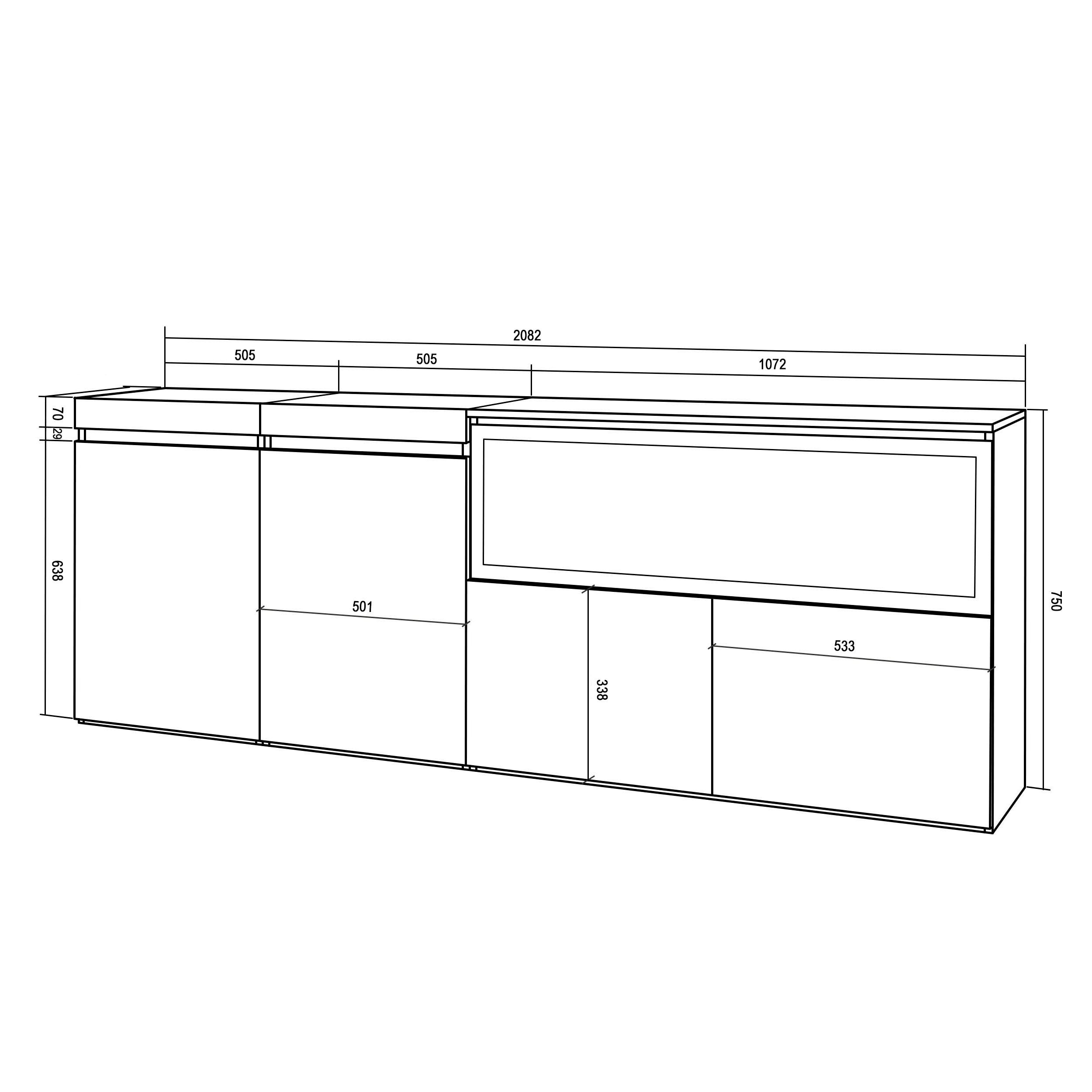 Credenza, Mobile, 208x35x75cm, 4 Porte, Camino elettrico XXL, grigio cemento RF3233