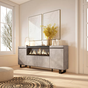 Credenza, Mobile, Cucina, 210, 4 Porte, Camino elettrico XXL, Design industriale, Cemento RF3234