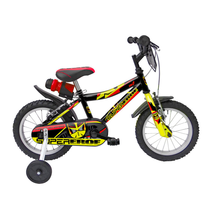 Bicicletta per Bambino 14” 2 Freni Super Hero Nero e Giallo o Rosso e Blu