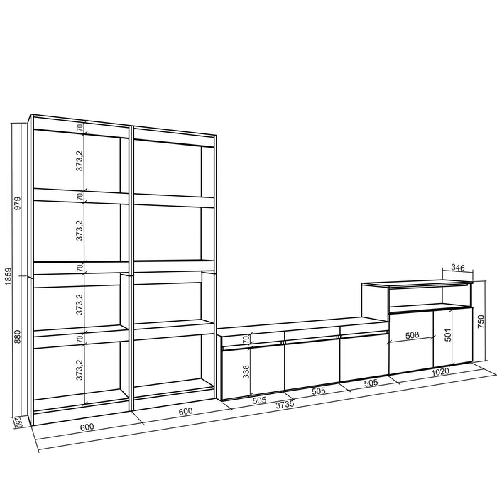 Mobile Soggiorno TV, 370x186x35cm, Per TV fino a 65", Cemento RF3169