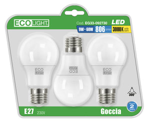 Ecolight lampada a led goccia e27 blister 3 pz. luce calda 12 w (10 confezioni) - Ecolight