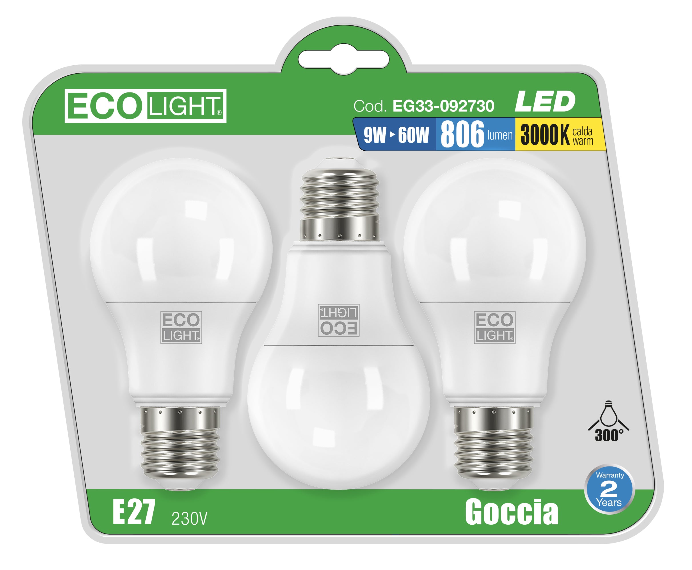 Ecolight lampada a led goccia e27 blister 3 pz. luce calda 15 w (20 confezioni) - Ecolight