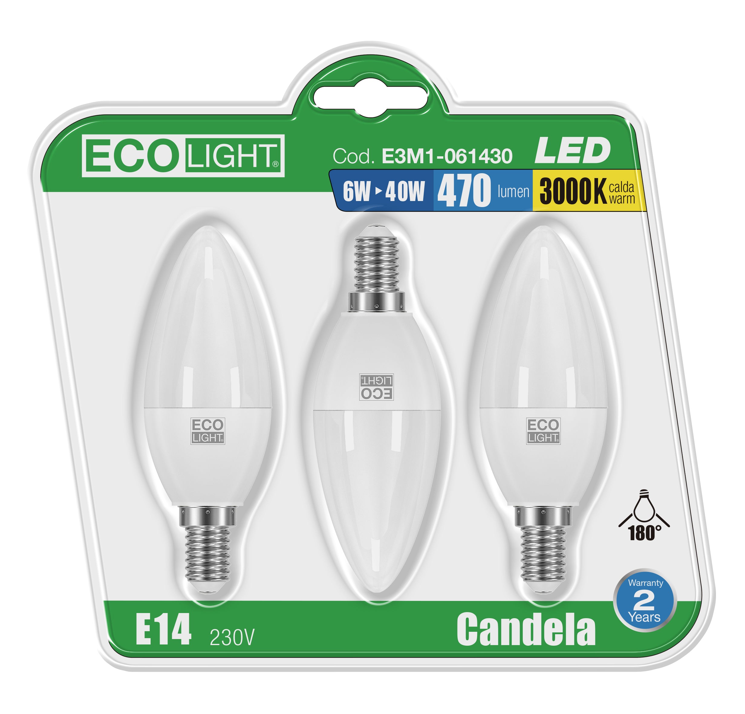 Ecolight lampada a led candela e14 blister 3 pz. luce calda 6 w (10 confezioni) - Ecolight