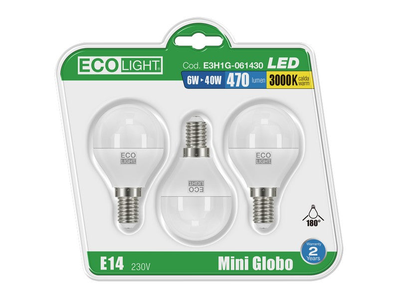 Ecolight lampada a led mini globo e14 blister 3 pz. luce calda 6 w (10 confezioni) - Ecolight