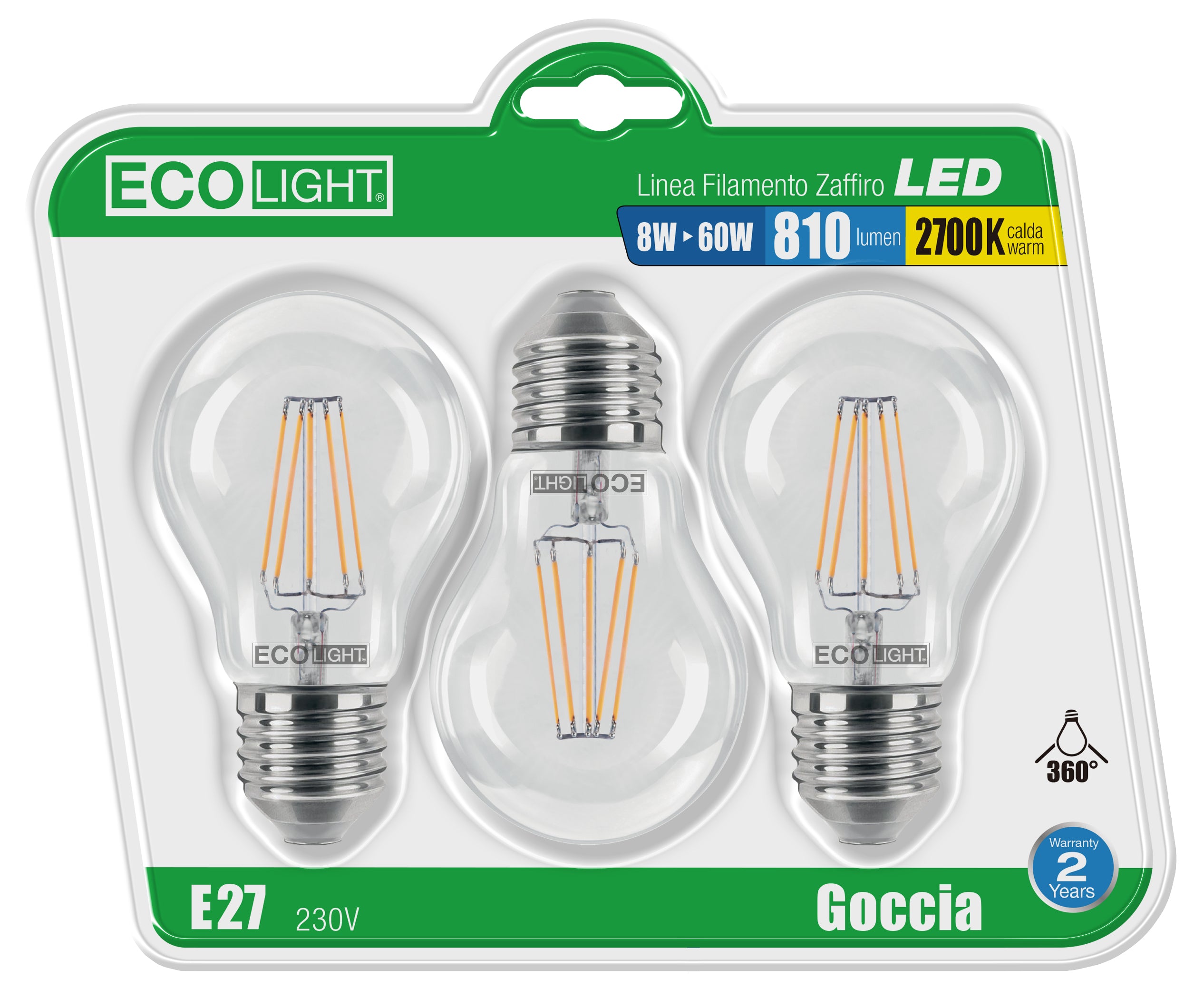 Ecolight lampada a led goccia filamento e27 blister 3 pz. luce calda 8 w (10 confezioni) - Ecolight