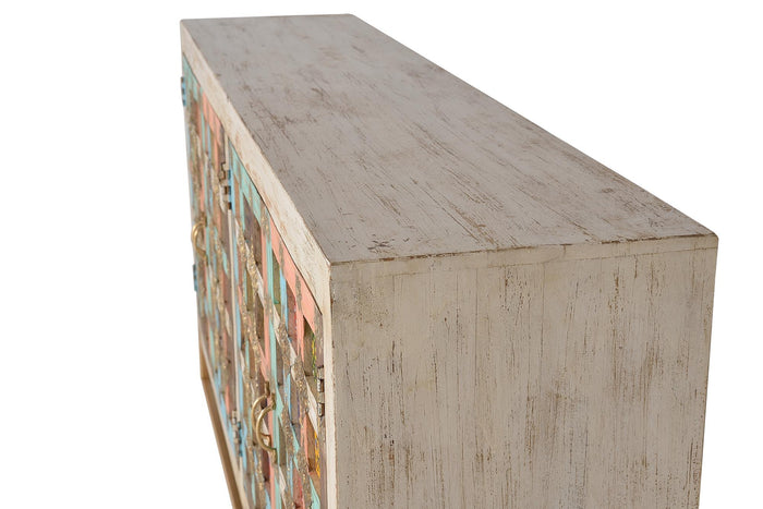 Credenza 4 ante in massello di mango intarsiato con maiolica e bronzo