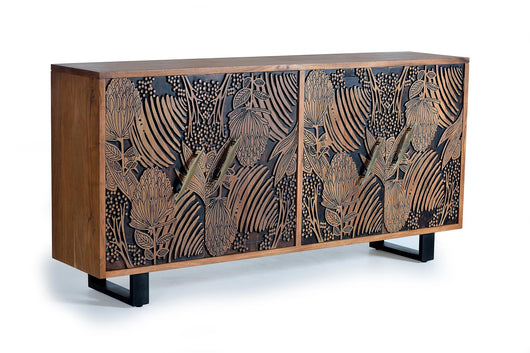 Credenza a 4 ante in massello di acacia intagliato a mano