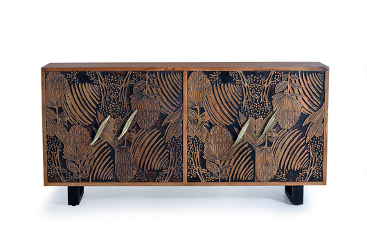 Credenza a 4 ante in massello di acacia intagliato a mano