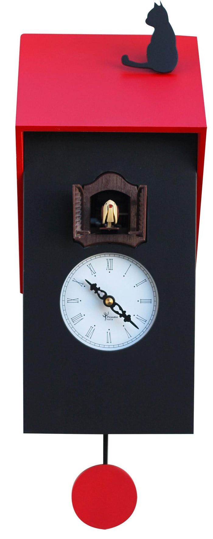 Orologio a Cucù da Parete 17x37x12 cm con Gatto Pirondini Italia Vicenza Nero e Rosso