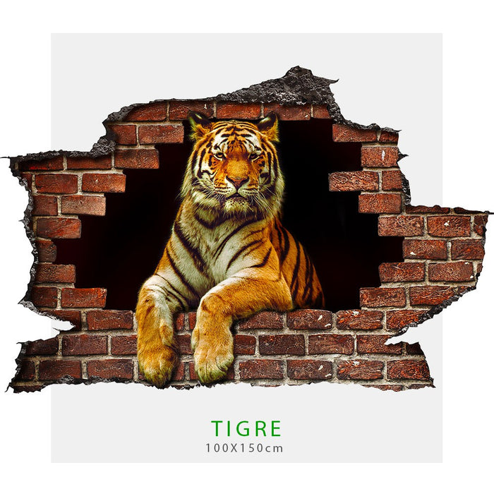 Adesivo da parete TIGRE con effetto 3D foro su mattoni wall sticker adesivo per muro Misura: 150x100 cm