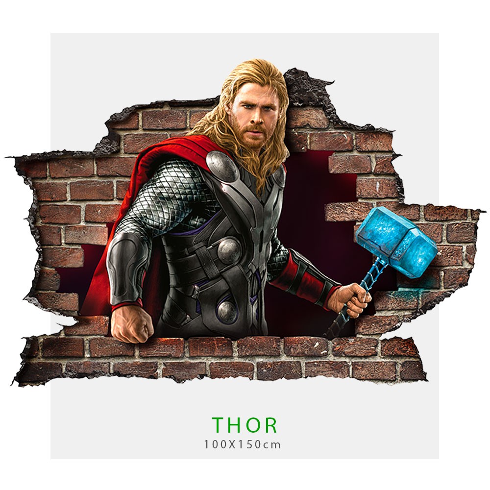 Adesivo parete effetto 3D Marvel supereroe Thor wall stickers Misura: 150x100 cm