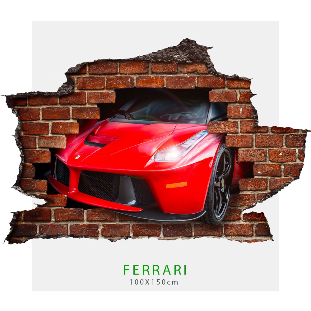 Adesivo parete Ferrari effetto 3D foro su mattoni wall sticker adesivo per muro FERRARI Misura: 150x100 cm