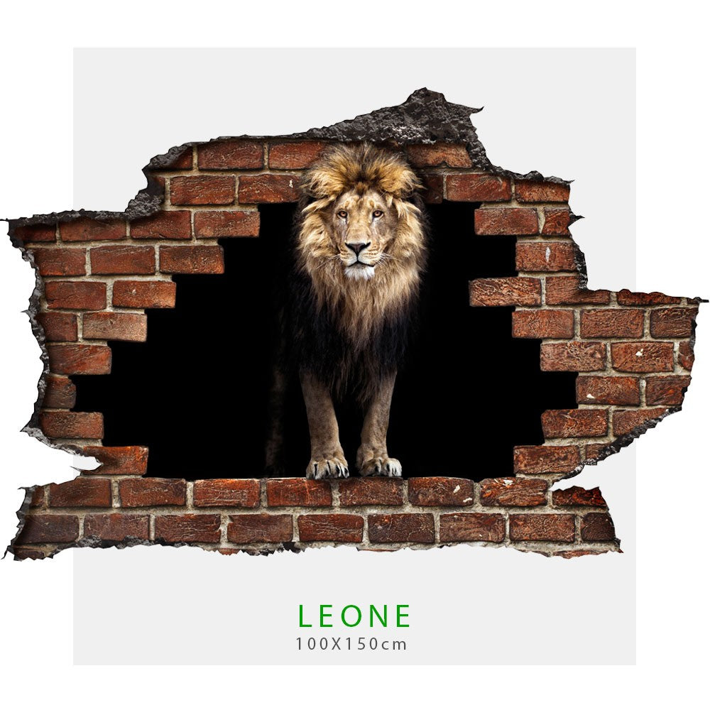 Adesivo parete Leone effetto 3D foro su mattoni wall sticker adesivo per muro LEONE Misura: 150x100 cm