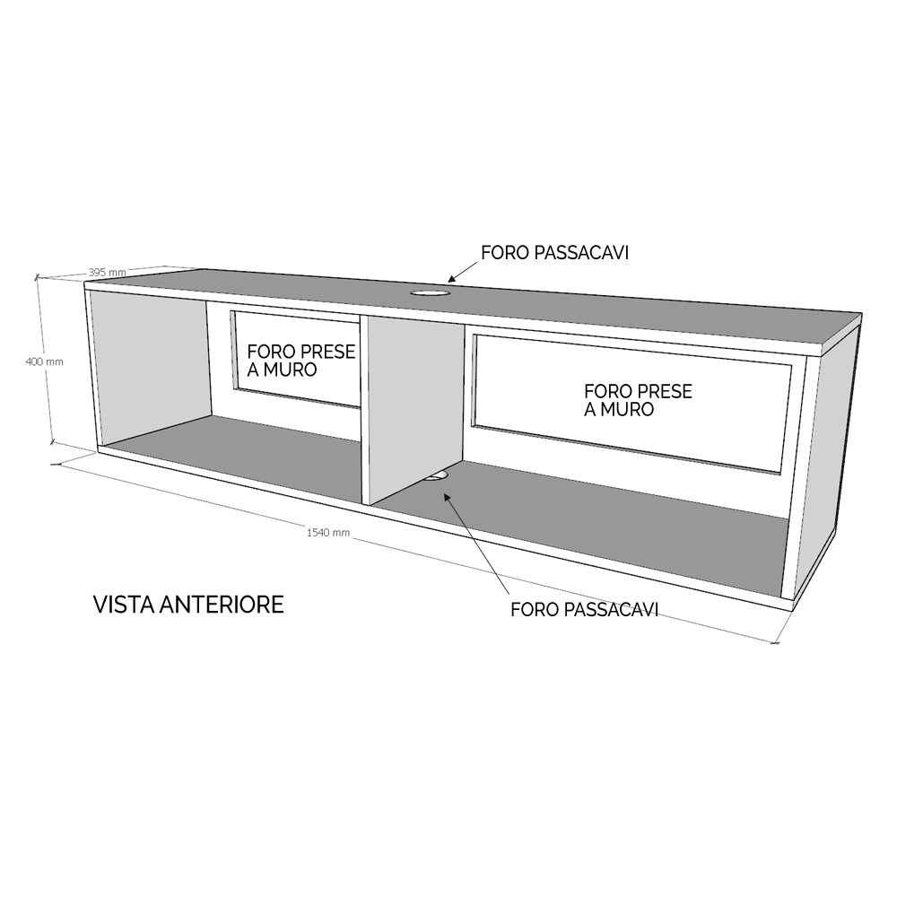 Base TV Ribalta con passa cavi L153,6 H40 P39,6 con piedini in Nobilitato Colore: Quercia Naurale