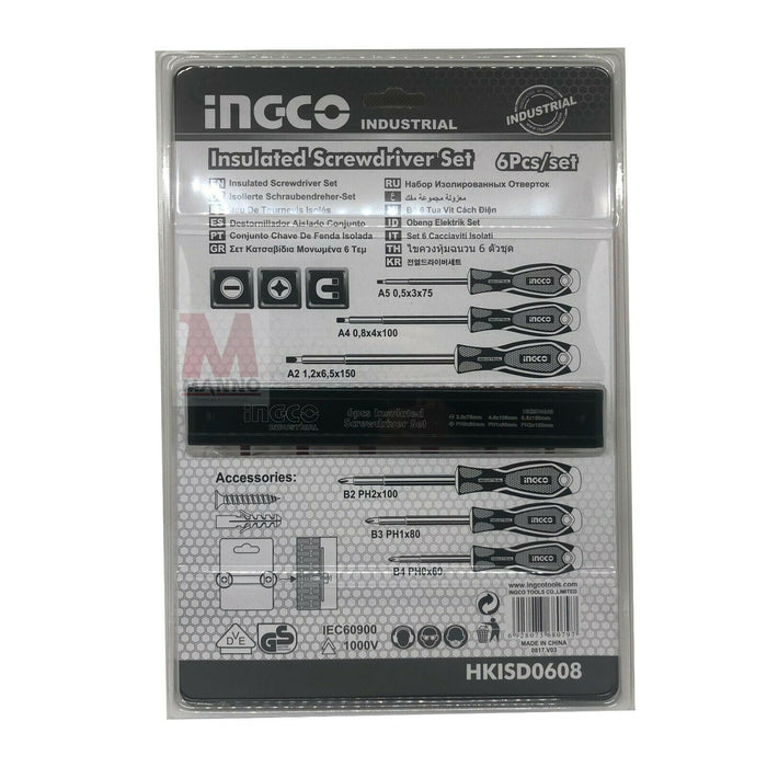 Ingco SET 6PZ CACCIAVITI ISOLATI ELETTRICISTA PROFESSIONALI Giraviti CERTIFICATI HKISD0608