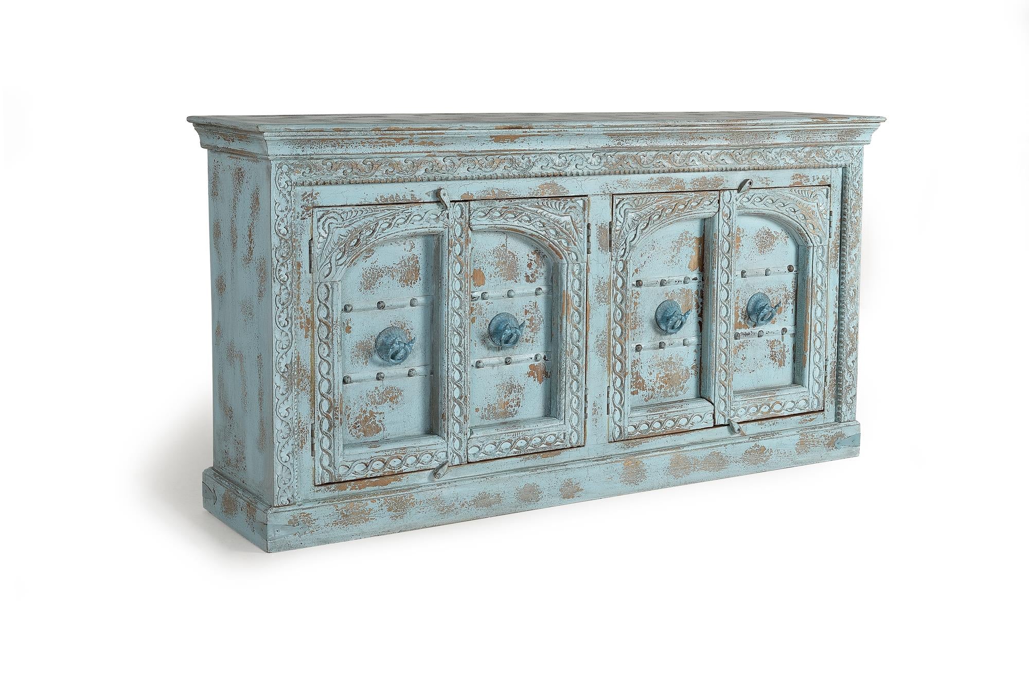 Credenza 4 ante in massello di mango intagliato verde acqua