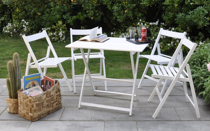 Set giardino tavolo Price + 4 sedie Happy Hour in legno bianco