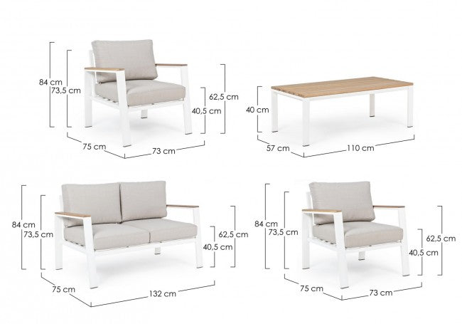 Salotto da giardino 4 posti in alluminio con cuscini - BELMAR Colore: Bianco