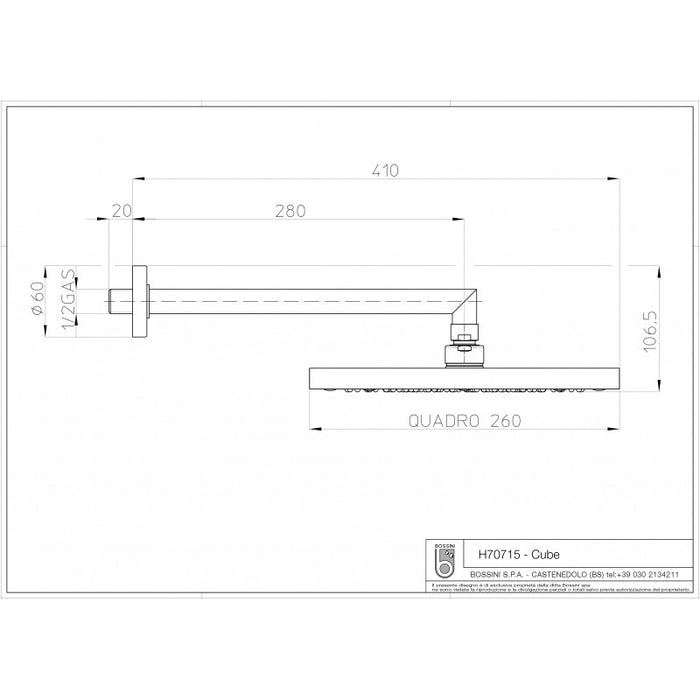 Soffione doccia quadrato Bossini CUBE 26x26 cm completo di braccio