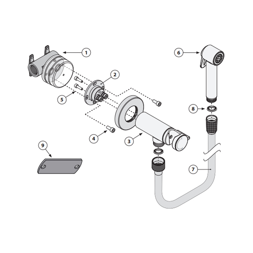 Kit miscelatore monocomando 1 via, placca murale, supporto doccia e doccino Paloma in Abs con flessibile Cromolux