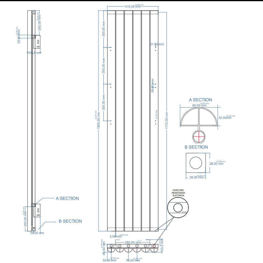 Radiatore in alluminio idraulico 6 elementi  cm 41,5x180 interasse cm 41,5 resa termica 1275 Watt Decowarm modello Birgi Antracite