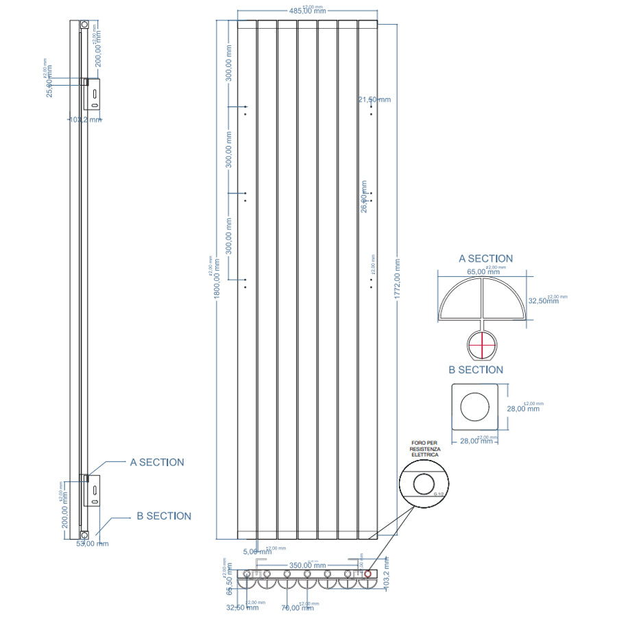 Radiatore in alluminio idraulico 7 elementi  cm 48,5x180 interasse cm 48,5 resa termica 1488 Watt Decowarm modello Birgi Antracite