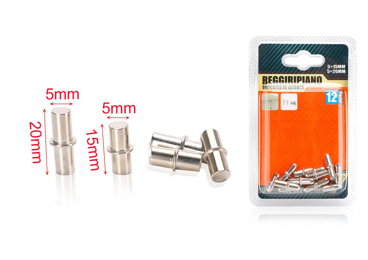 12pcs Supporti per Mensole e Ripiani in Acciaio &Oslash;5mm x 15mm e 20mm