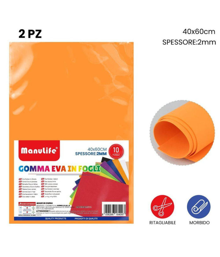 12pz Fogli In Gomma Eva Colore Arancione Materiale Alta Qualità  40x60cm Spess 2mm         