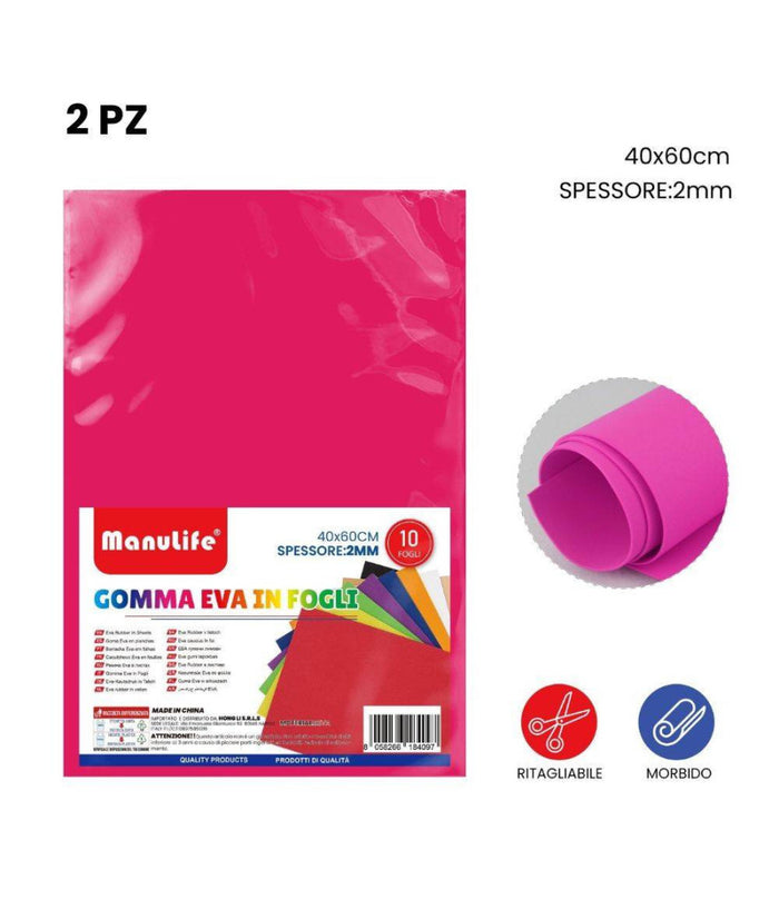 12pz Fogli In Gomma Eva Colore Fucsia Materiale Alta Qualità  40x60cm Spessore 2mm         