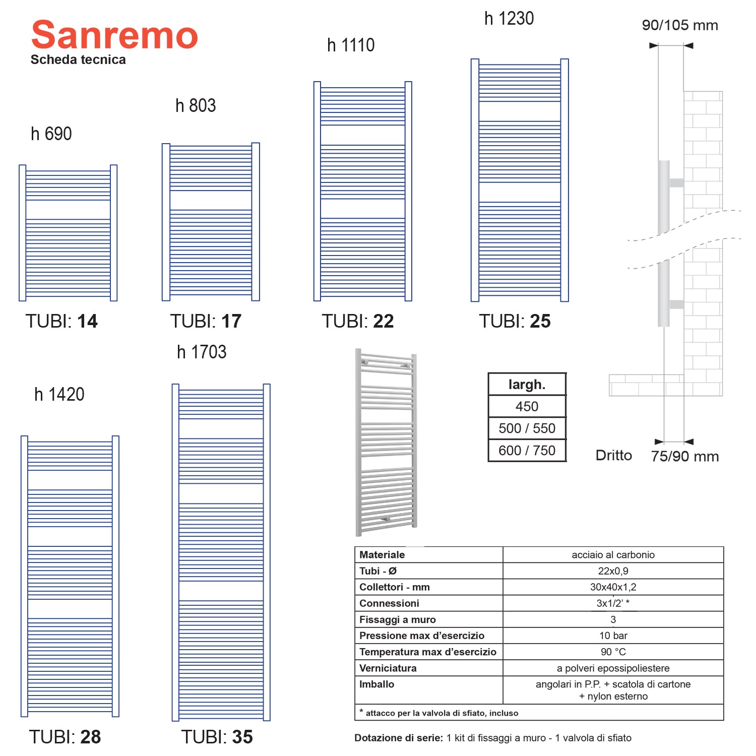 Termoarredo scaldasalviette Lazzarini Sanremo 1110x450 interasse 400 bianco