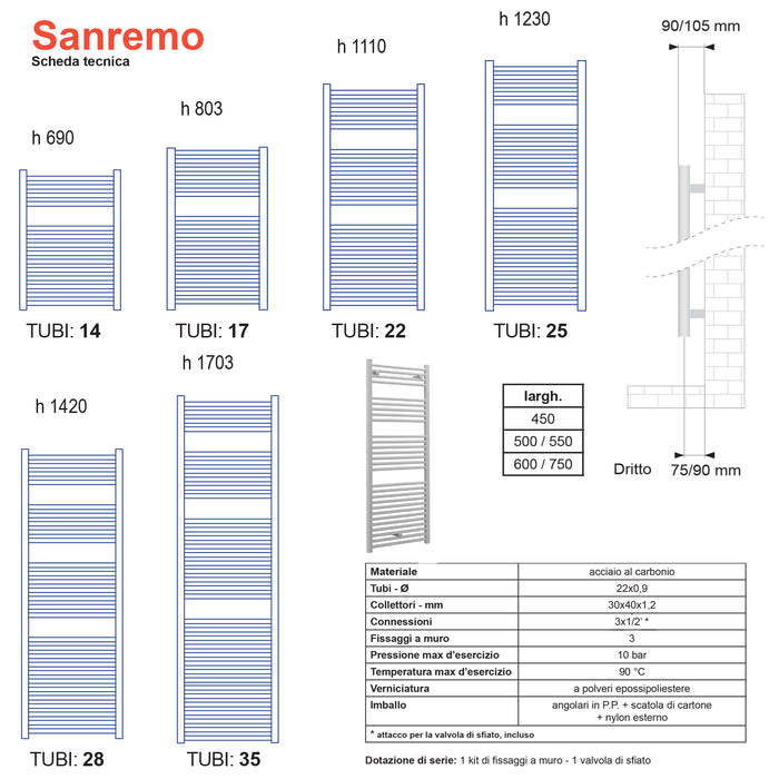 Termoarredo scaldasalviette Lazzarini Sanremo 1110x450 interasse 400 bianco