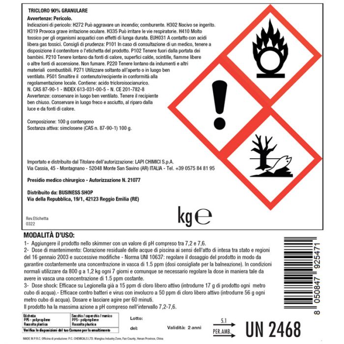 Tricloro 90% Granulare Confezione Da 10 Kg Per Piscina, Presidio Medico Chirurgico