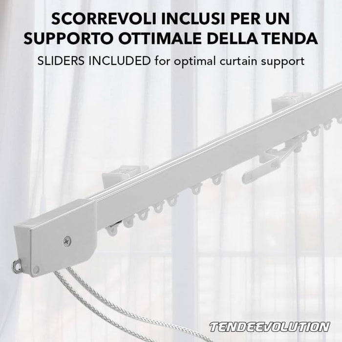 Binario Scorritenda Lineare da Parete in Alluminio Bianco Movimento a Corda Apertura a SX Riloga Bastone Tenda 200cm