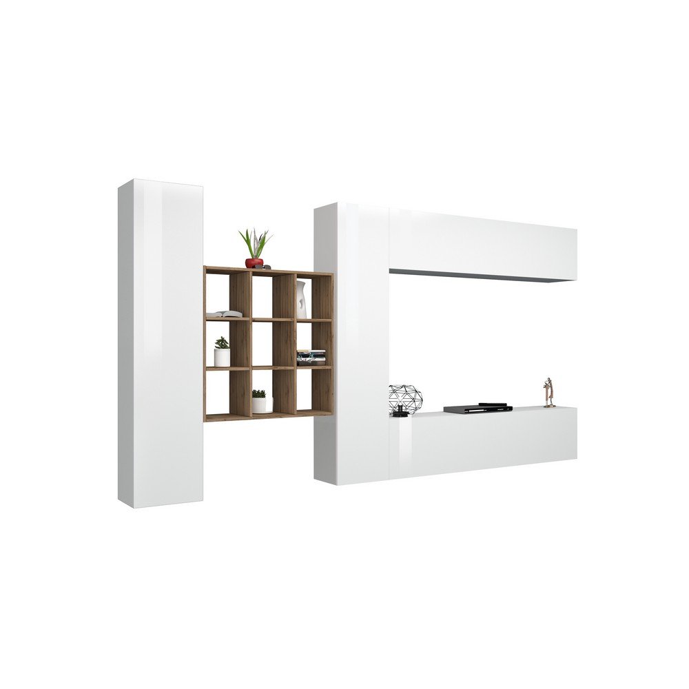 Parete Attrezzata Moderna per Soggiorno 350x30x180cm - ECHO Colore: bianco laccato lucido