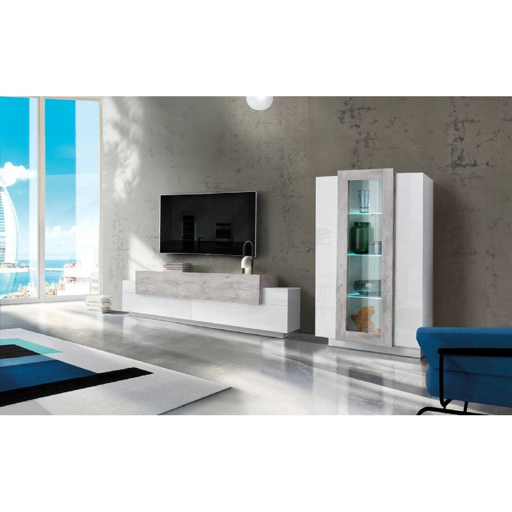 Mobile Porta Tv Moderno 290x45x120,5cm - CELESTIA Colore: bianco laccato lucido/cemento