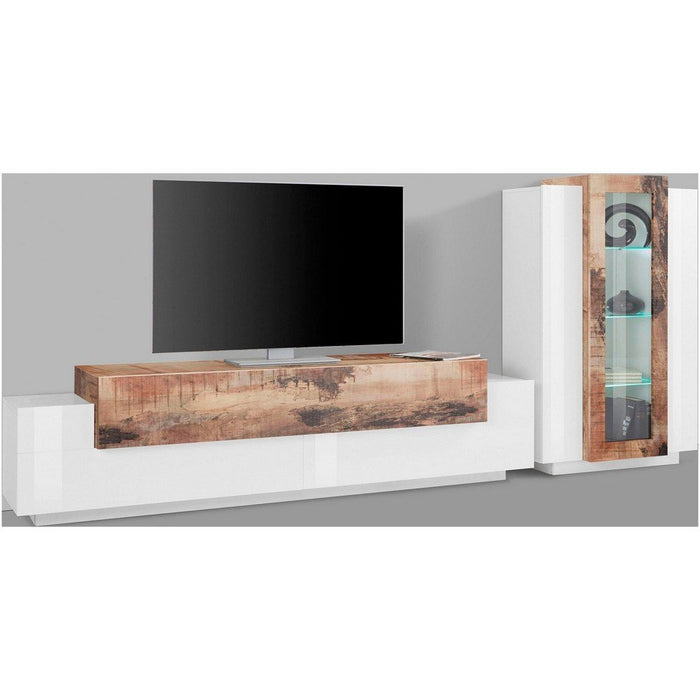 Mobile Porta Tv Moderno 290x45x120,5cm - CELESTIA Colore: bianco laccato lucido/acero pereira