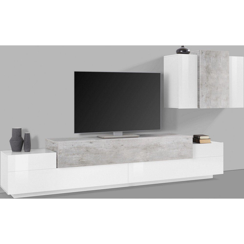 Mobile Porta Tv Moderno 280x45x180cm - CELESTIA Colore: bianco laccato lucido/cemento