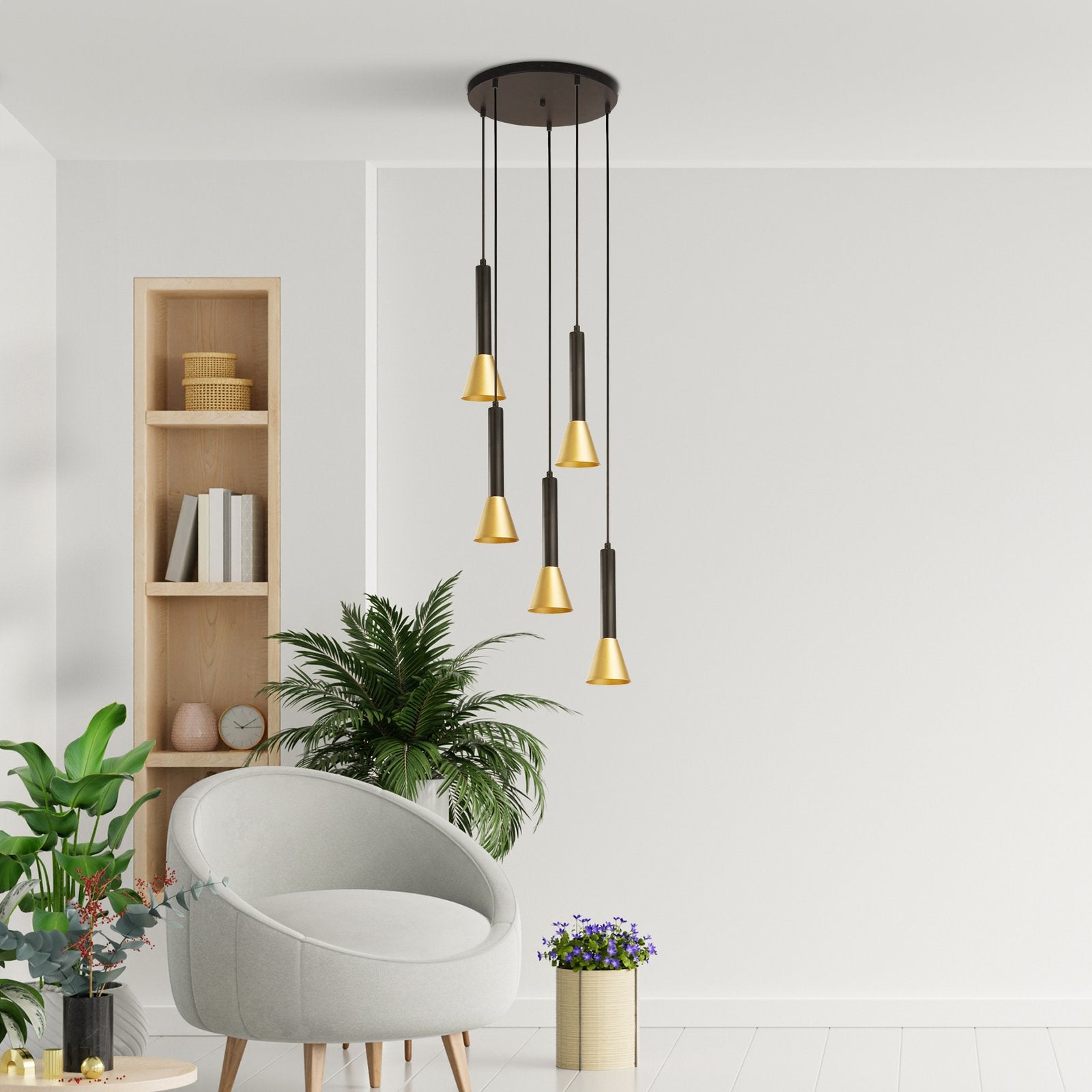 Lampadario Moderno Segnale Acciaio Nero Oro 5 Luci Gu10