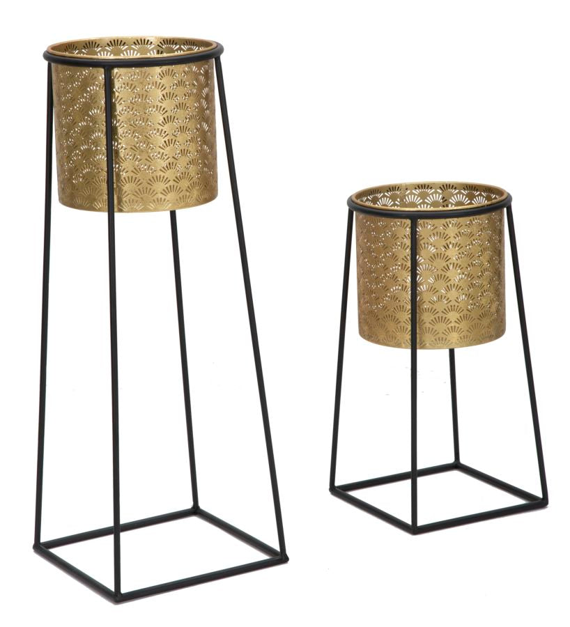 Porta Vasi Coppia Cup Ø26x70-23x45 cm in Ferro Nero e Oro