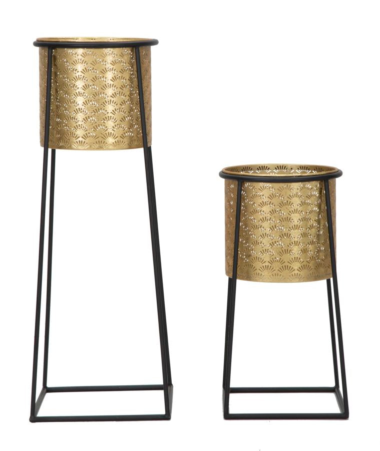 Porta Vasi Coppia Cup Ø26x70-23x45 cm in Ferro Nero e Oro