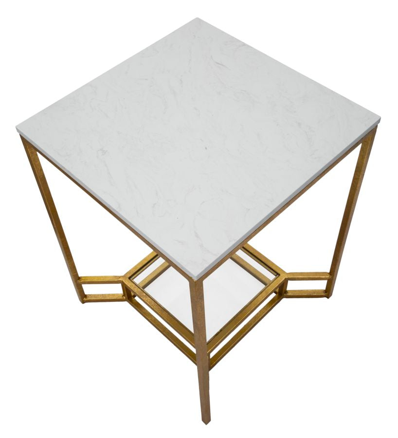 Tavolinetto Double Marble 47x47x60 cm in Ferro e Vetro e Marmo Oro e Bianco